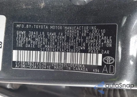 2010 Toyota Corolla Le из США, поврежденный, VIN 2T1BU4EEXAC468835